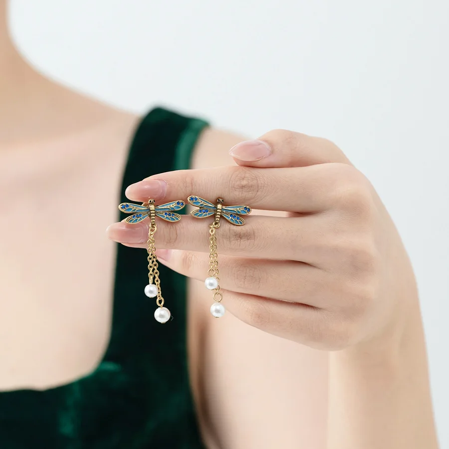 

Russia Style Medieval Vintage Retro Palace Fashion Enamel Glaze Blue Dragonfly Pearl Tassel Long Earrings for Women