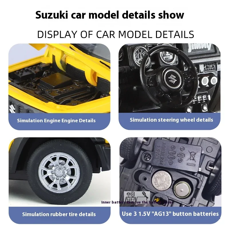 1:24 Suzuki Jimny Off Road SUV lega Diecast modello veicolo Sound & Light Collection Display Hobby decorazione regali per fidanzato