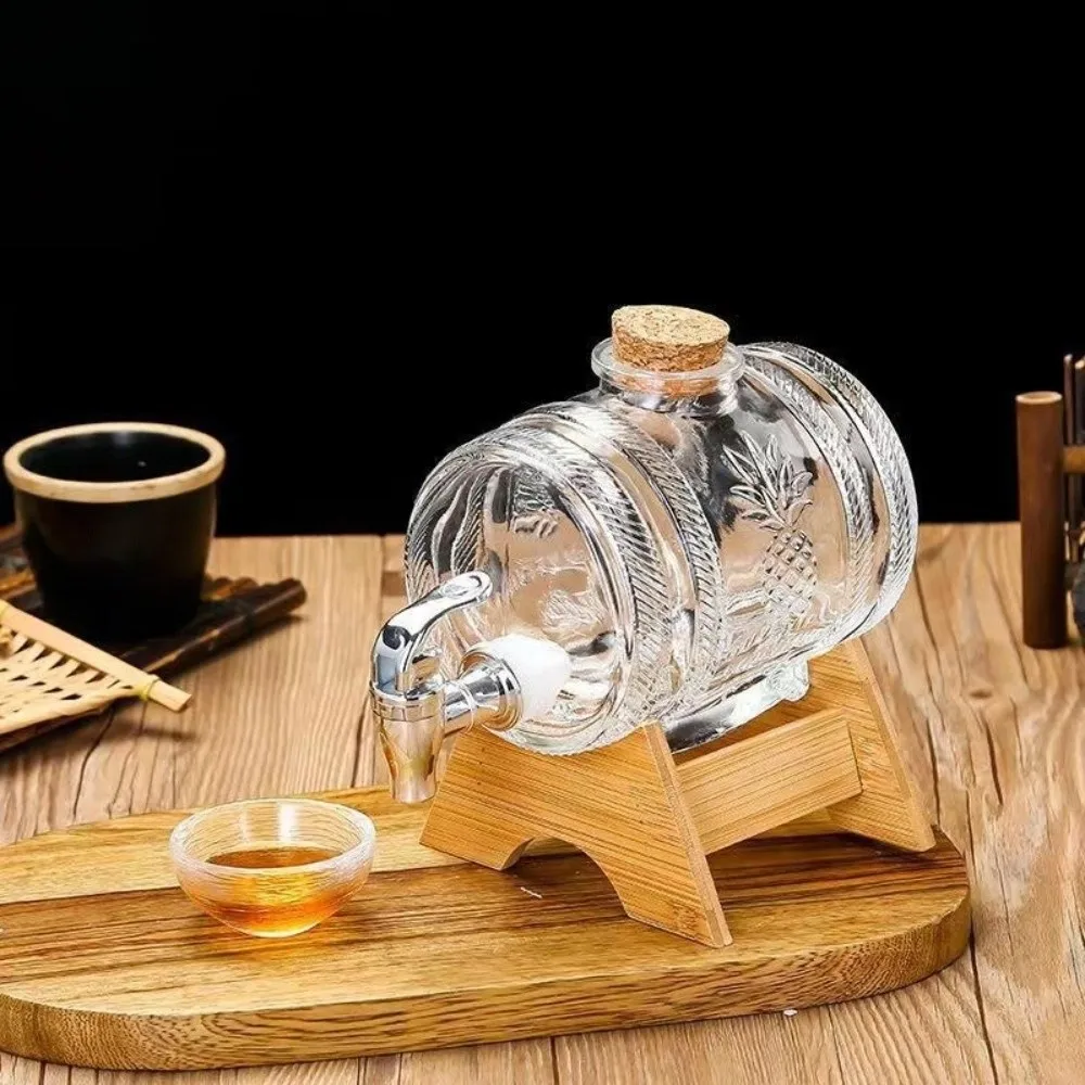 

Creativity 1L Wine Decanter Glass with Faucet Whiskey Barrel Transparent Thick Bracket Coke Bucket Home