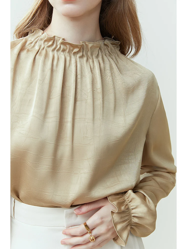 FSLE Elegant Wood Ear Stand Collar Long-sleeved Shirt for Women Spring Autumn French Style Temperament Drape Shirt Female