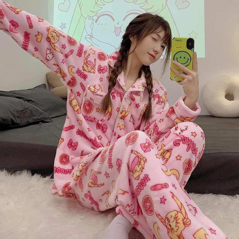 Kawaii Pajamas Set For Women Winter Warm Flannel Sleepwear 2 Pieces Anime Pijama Mujer School Girls Roomwear Harajuku Nightgown