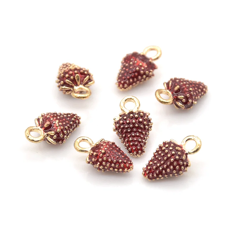 10pcs 3D Strawberry Charms Alloy Metal Enamel Fruit Pendants For DIY Earring Bracelet Necklace Jewerly Accessories Making