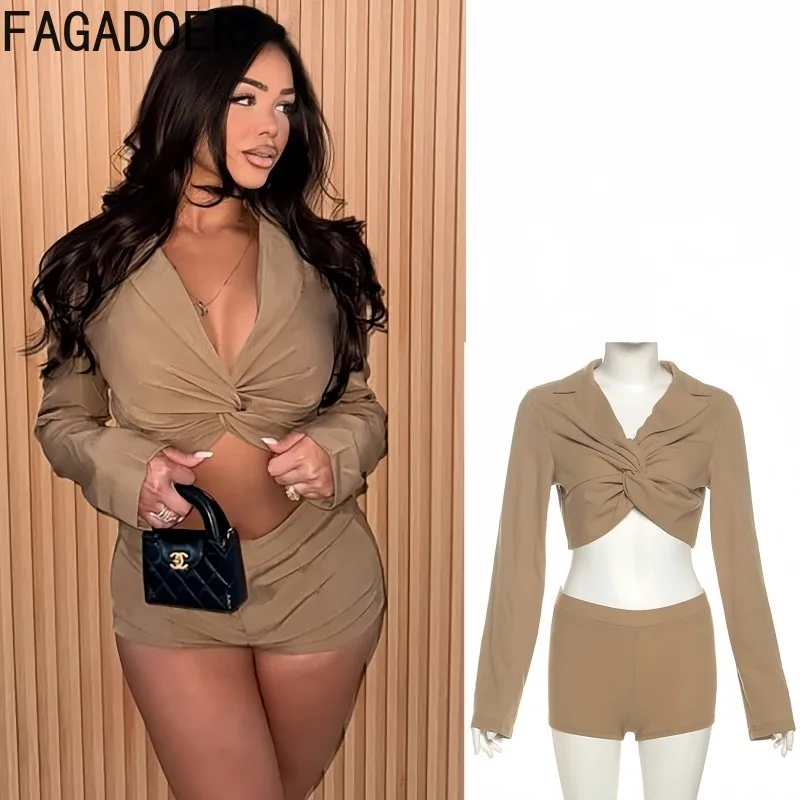 

FAGADOER Summer New Sexy 2 Pieces Set for Woman Low Cut Twisted Long Sleeved Shirt and Shorts Outfit Female Streetwear Clothing