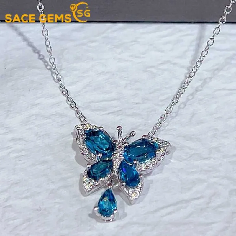 

SACEGEMS 4*6mm Natural London Blue Topaz Pendant 925 Sterling Silver Pendant Necklace for Women Everyday Party Fine Jewelry Gift