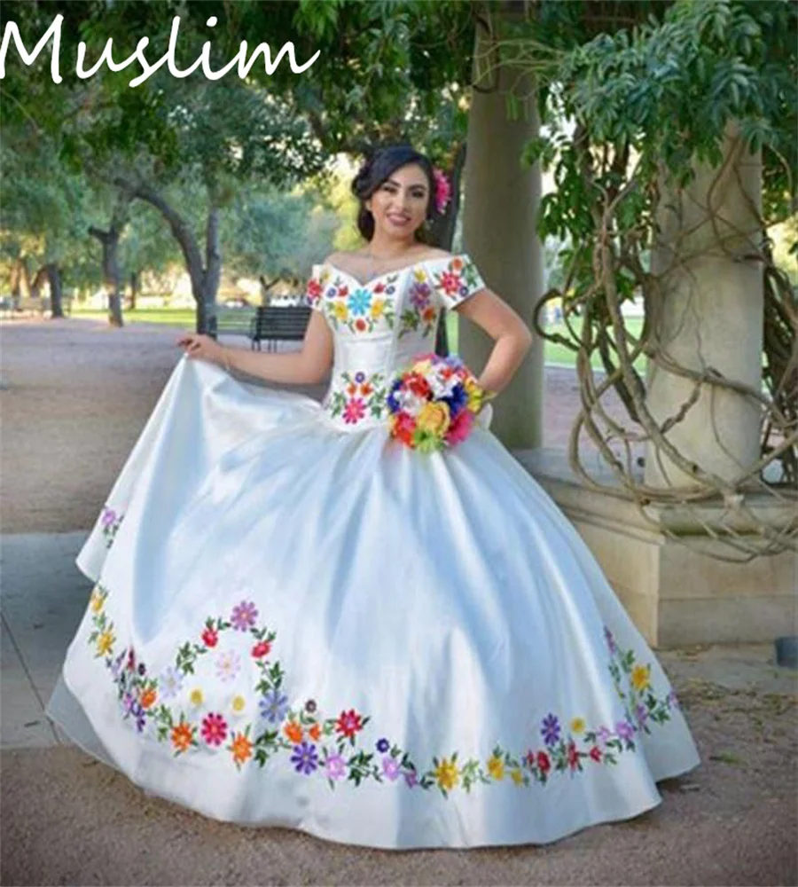 Colorful Floral Embroidery Mexican Wedding Dress Plus Size Satin Corset Gothic Bride Dress Off Shoulders Big Bow Customized