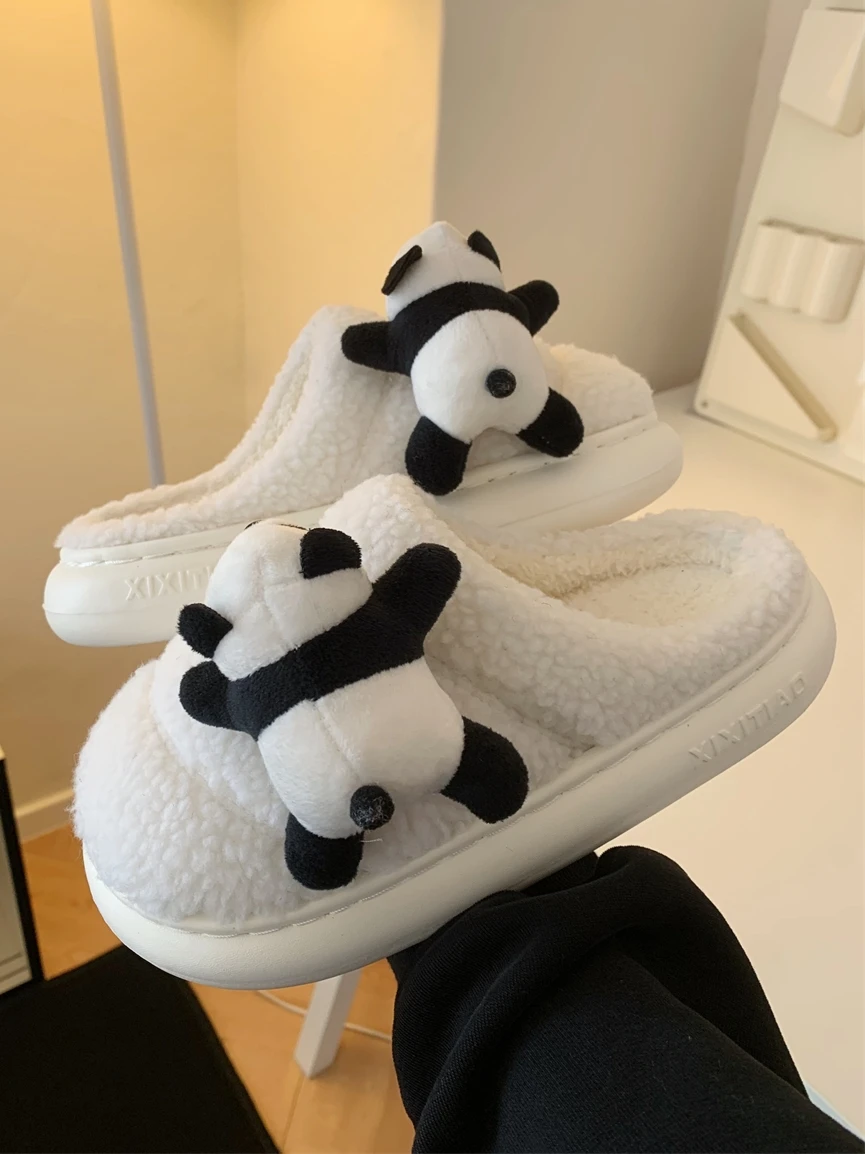 Cute Panda Cotton Slippers For Couples Winter Indoor Household Slippers Man Women Plush Shoes Anti Slip Slippers