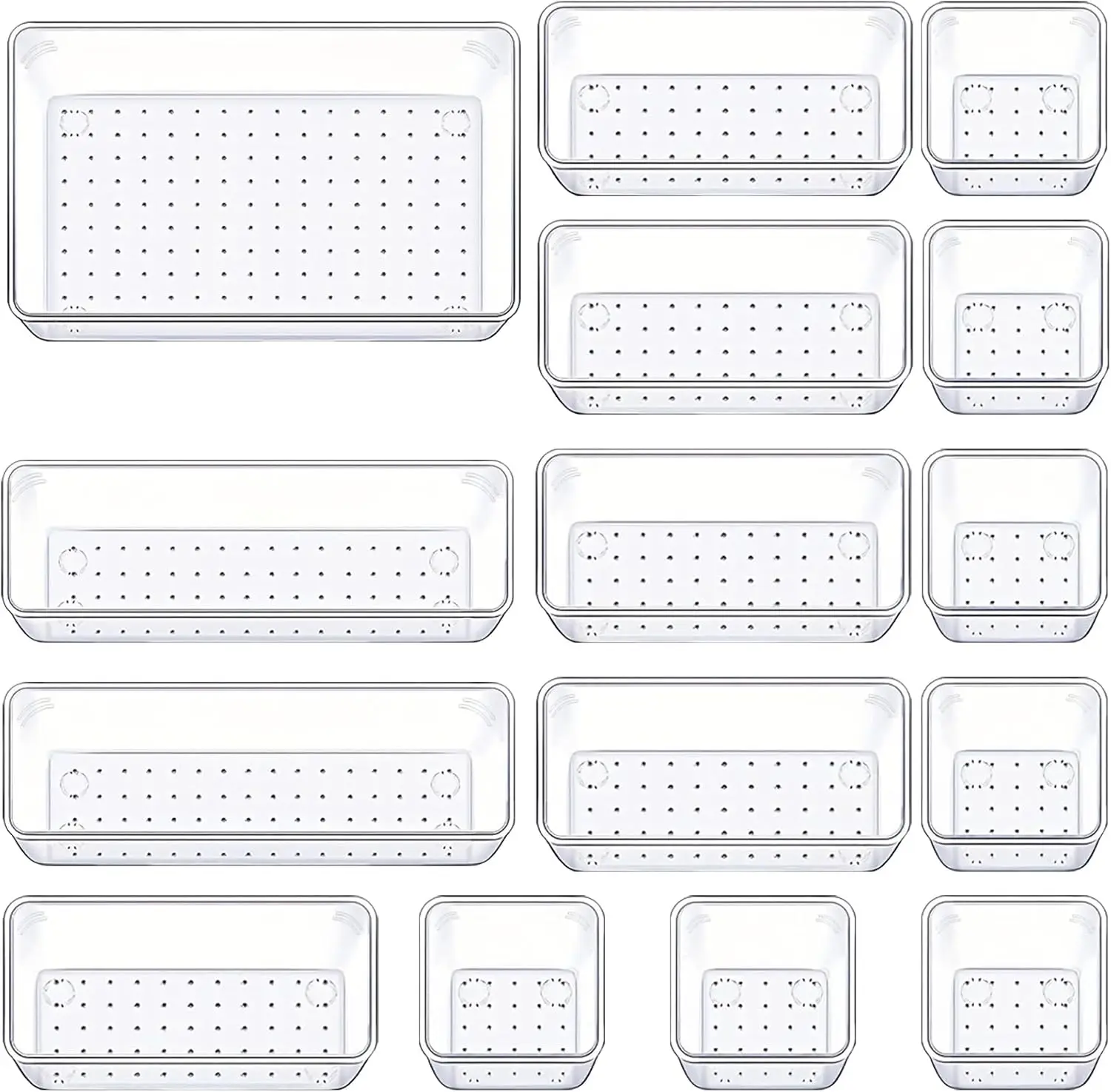 

15-Pack Clear Plastic Drawer Organizers, 4 Sizes Storage Bins for Kitchen, Bathroom, Office, Dresser
