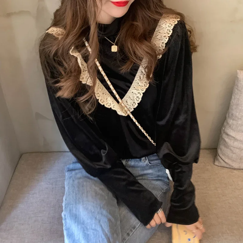 Lace Blouses Ruffle Patchwork Women Black Shirts Korean Vintage Turtleneck Elegant Ladies Tops Blusa Mujer De 2024 Ruffle Top