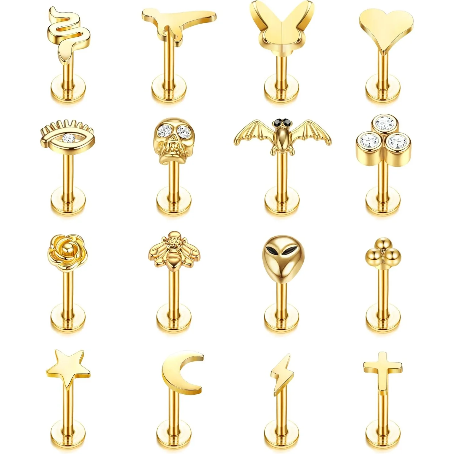 

Bobisty 16Pcs Stainless Steel Tragus Piercing Jewelry for Women Men 16G Goth Helix Stud Lip Ring Nose Stud Set Halloween