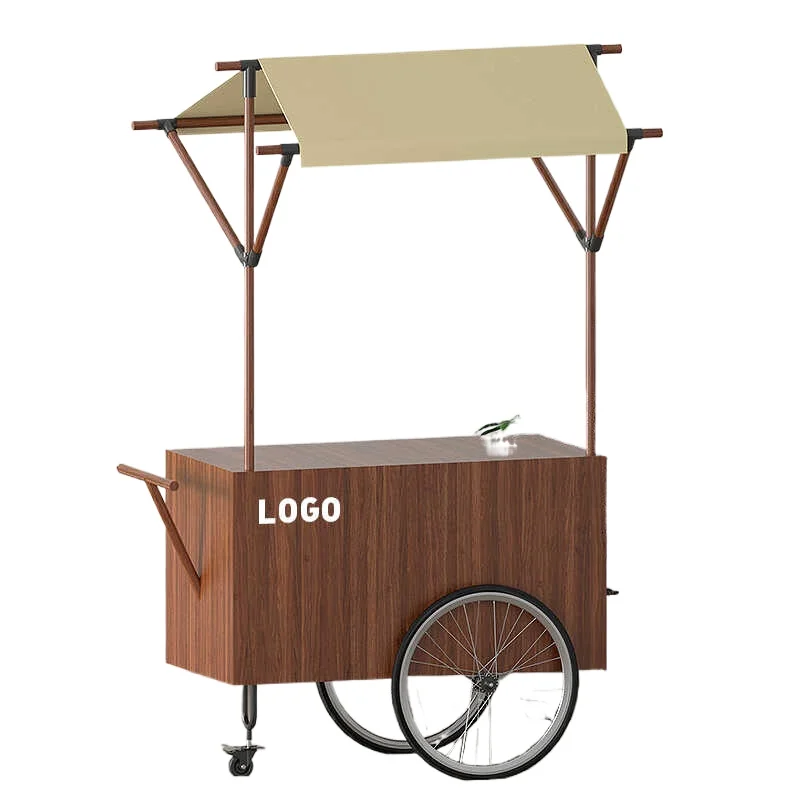 

YJQ mobile solid wood promotion booth shelf wrought iron float stall display pastoral push food cart