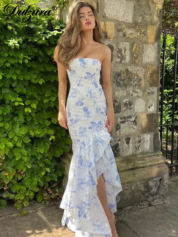 Dulzura Sexy Strapless Tube Dress Floral Print Sleeveless Ruffles Irregular Midi Dresses Women Evening Party Club Festival Y2K