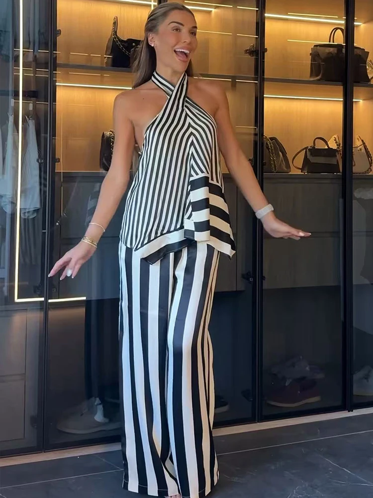 TFMLN 2026 Women's Stripe Halter Top Pant Set Sleeveless Backless Cross Neck Vest Wide Lag Pants Contrast Color Lady Suits - view 4