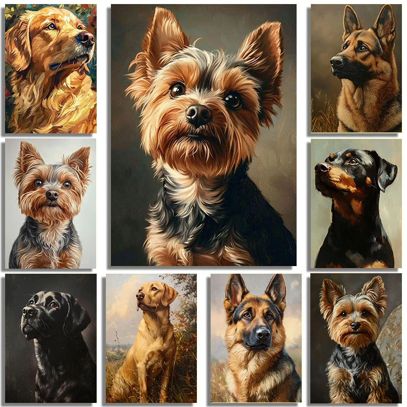 Realistic German Shepherd Golden Retriever Rowena Yorkshire Terrier Portrait Poster Canvas Paint Oil Paint Home Room Wall Dec