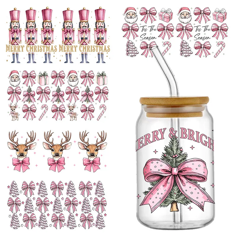 Christmas Santa UV DTF Pink Cartoon Wraps Transfer Sticker For 16oz Glass Libbey Can Bottle Selfadhesive Washable DIY Custom