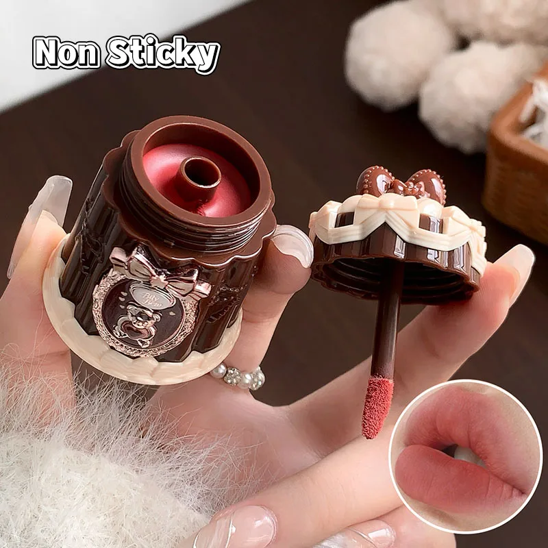 Bily Bear Cake Shaped Lip Tint Velvet Matte Lip Mud Non Sticky Liquid Lipstick Cute Teddy Bear Lip Glaze Soft Blur Makeup Gift