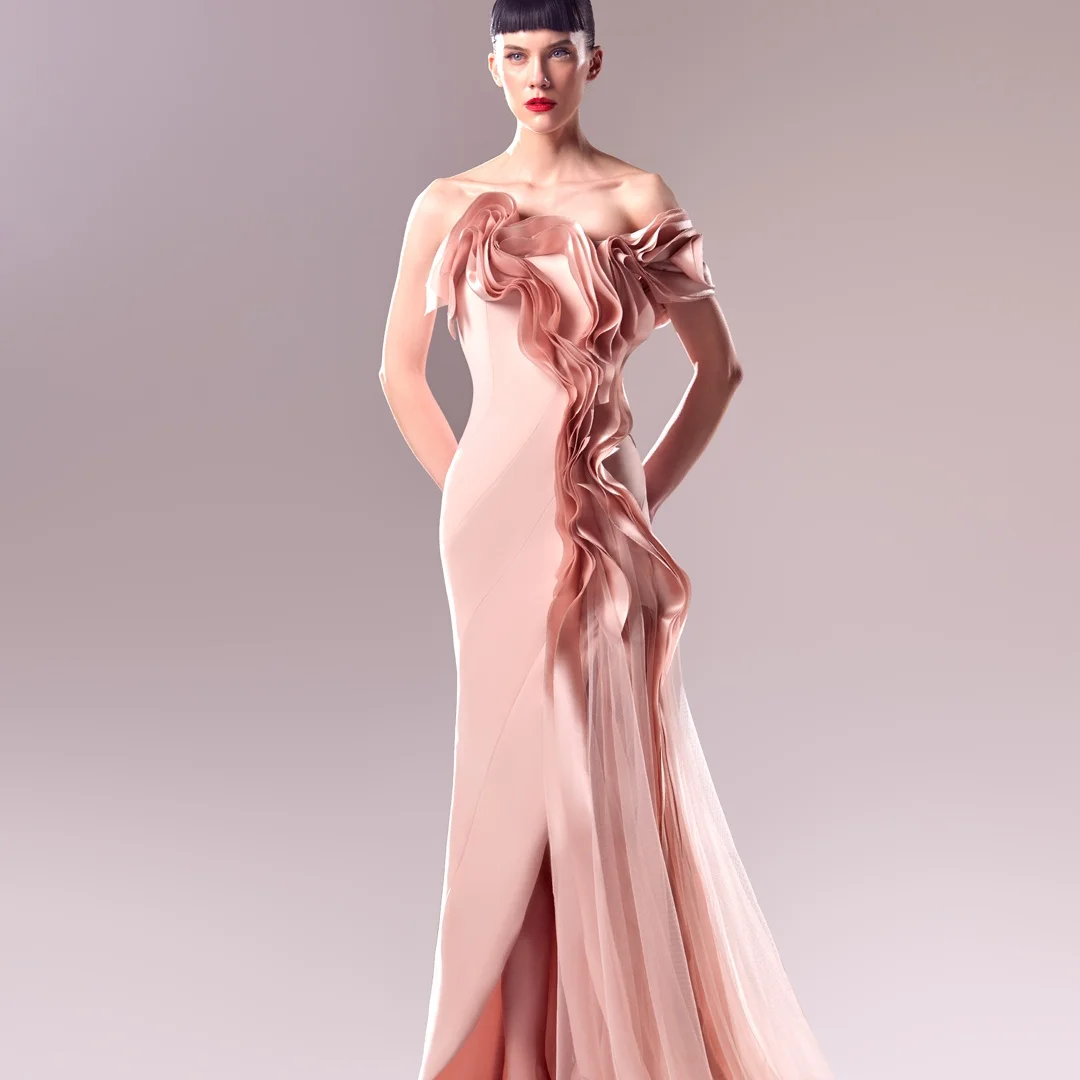 

Customized Temperament Jersey Straight One Shoulder Ruffles Evening Dresses Strapless Zipper Back Panel Train Short Sleeves