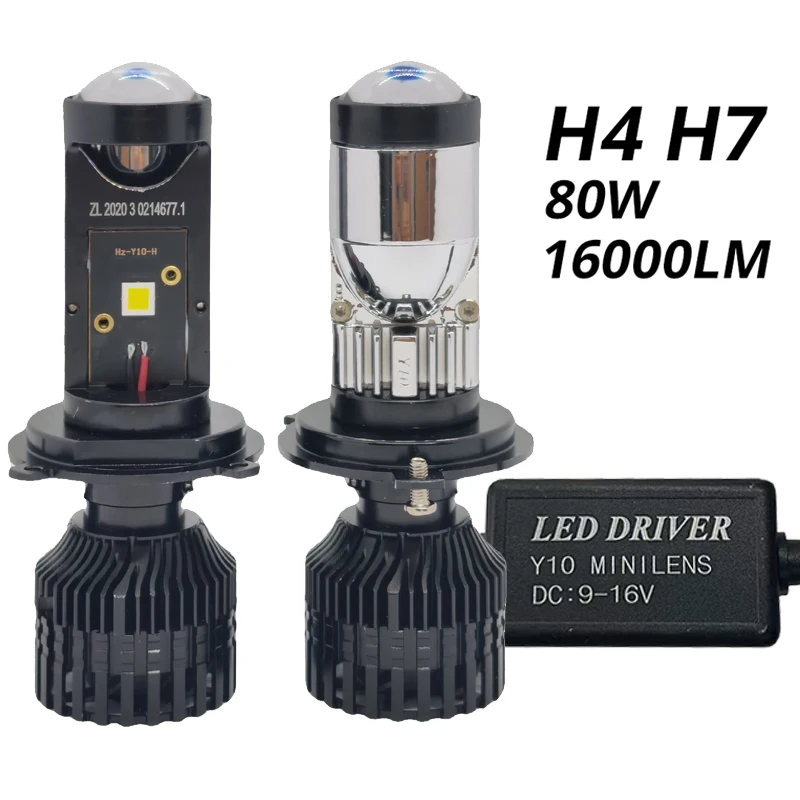 H4 80W Car Headlight H7 LED Mini Lens Projector Light Bulb 6000K 16000LM 12V Auto Motorcycles HeadLamp High Low Beam