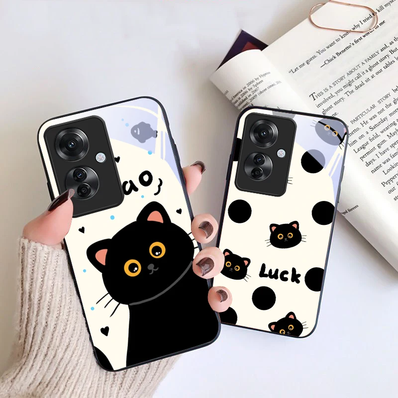 Cute Black Cat For Realme C65 61 55 67 Note 50 12 11 Pro Plus 10 4G Reno 11F 5G CE 4 Lite X3 Neo A96 Black glass phone case