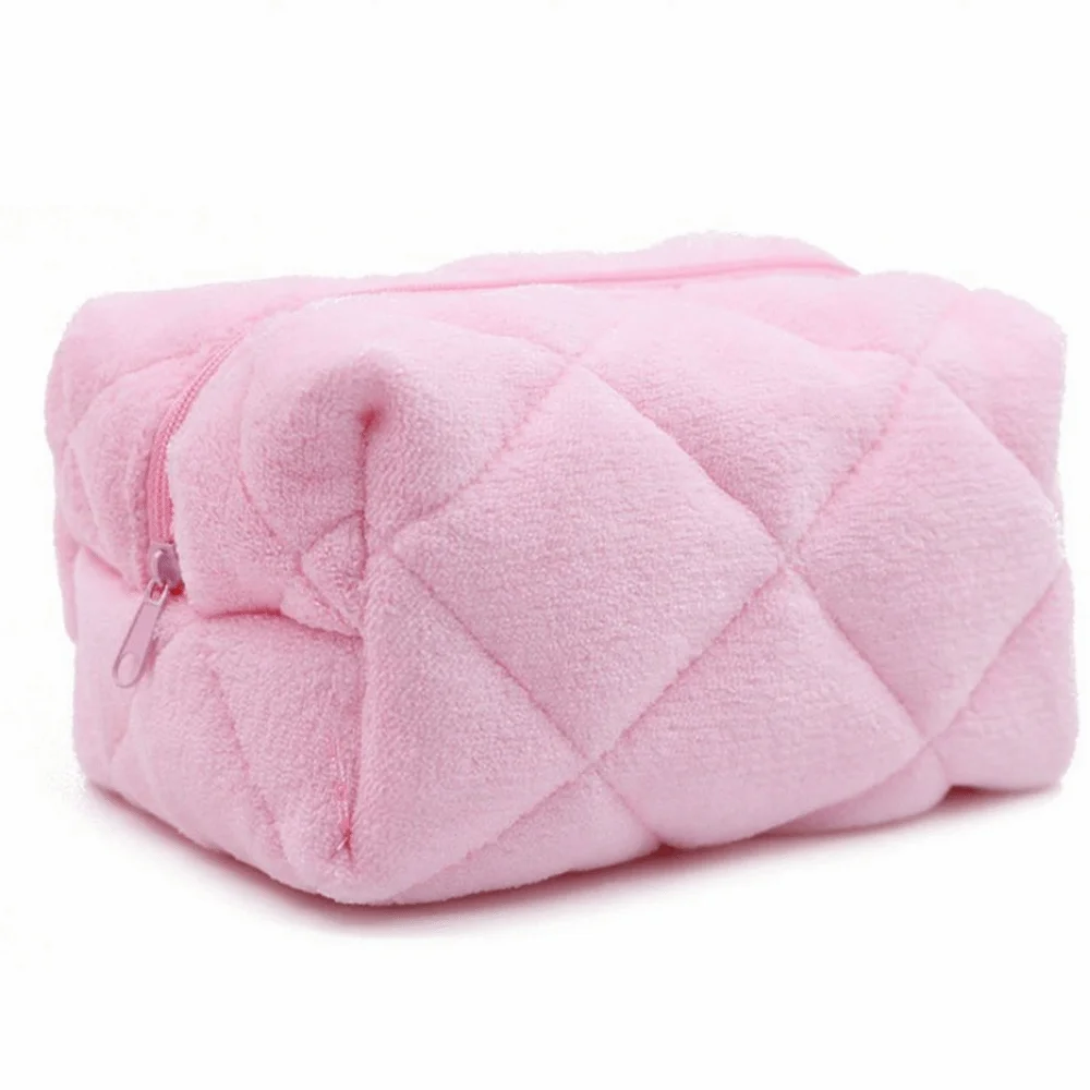 

Large Capacity Cosmetic Bag Pure Color Plush Material Toiletry Bag Kawaii Style Portable Design Makeup Bag Toiletry Organization