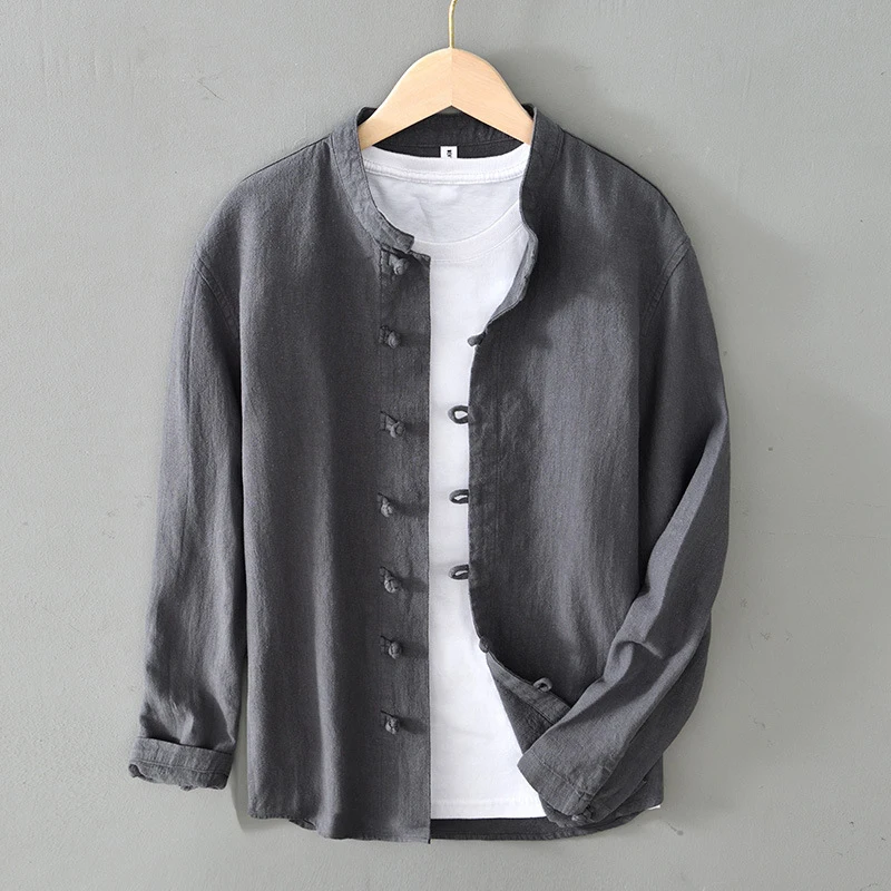 Men's Shirt Vintage Cotton Linen Long Sleeve Shirt Spring Summer Autumn Loose Fashion Casual Blouse Male Plus Size Cardigan Top
