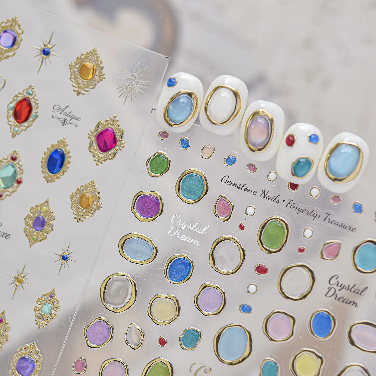 Faux Gem 5D Nail Art Stickers Crystal Dream Gem Stone Collection Macaron Gold Trim Oval Special Shape Self‑Adhesive Nail Decals