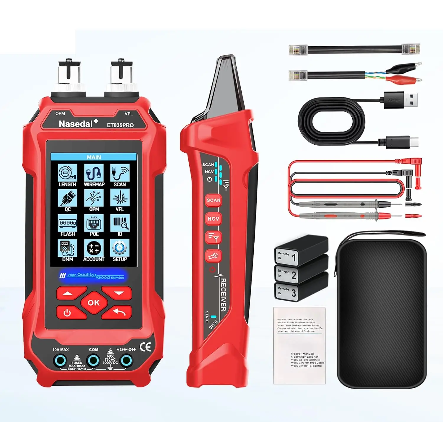 

Nasedal ET835PRO 4in-1 Network Cable Tester Optical Power Meter VFL Multimeter Wire Tracker PoE NCV RJ45 RJ11 CAT5-CAT8 3.2" LCD