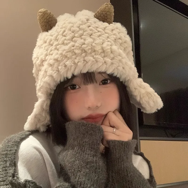 Cute Cartoon Little Sheep Horn Autumn Bonnet Soft Fluffy Ear Protection Cap Winter Lamb Plush Sheep Ear Shape Warm Hat Warmer