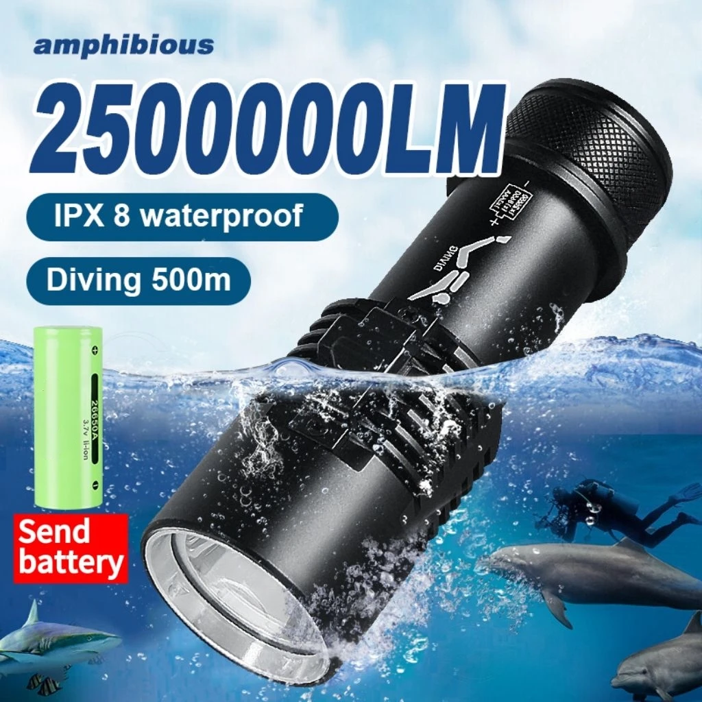 

Diving flashlight charging strong light XHP70 focus long flashlight plastic waterproof submersible lighting at night submersible