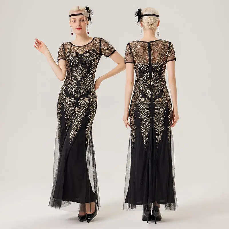 Sexy Evening Gown Women Elegant Glitter Fish Tail Dress Evening Party Host Slim Long Dress High Waist Three-quarter Sleeve