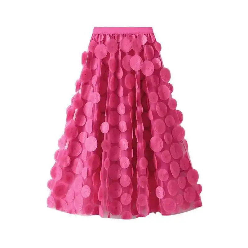 New In Spring Summer 3D Circular Applique Mesh Long Skirts 2025 Korean Fashion Hepburn Style High Waist A-line Faldas