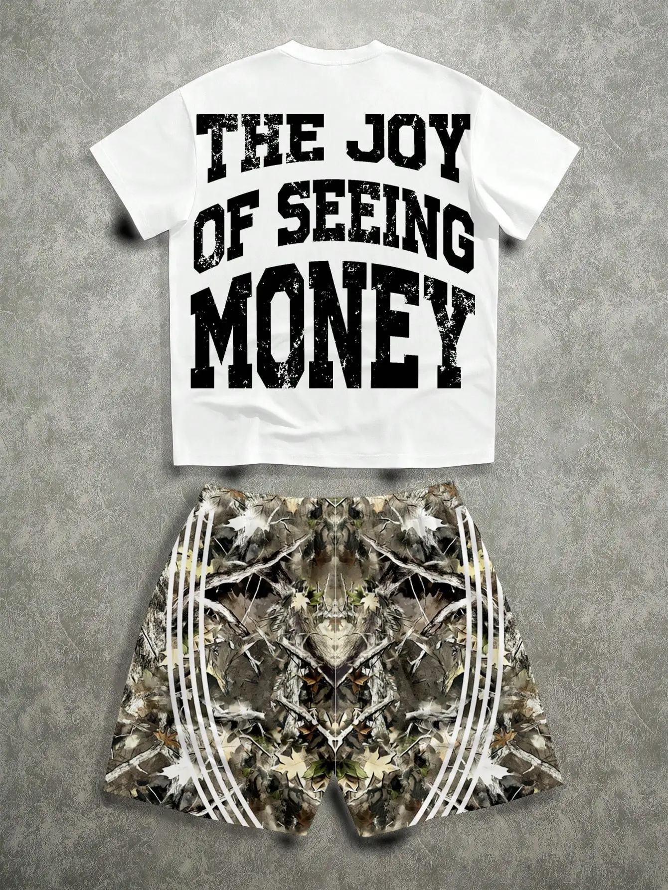

Men's Street Style Loose Fit Hip Hop Money Print Camo Striped T-Shirt And Shorts Set