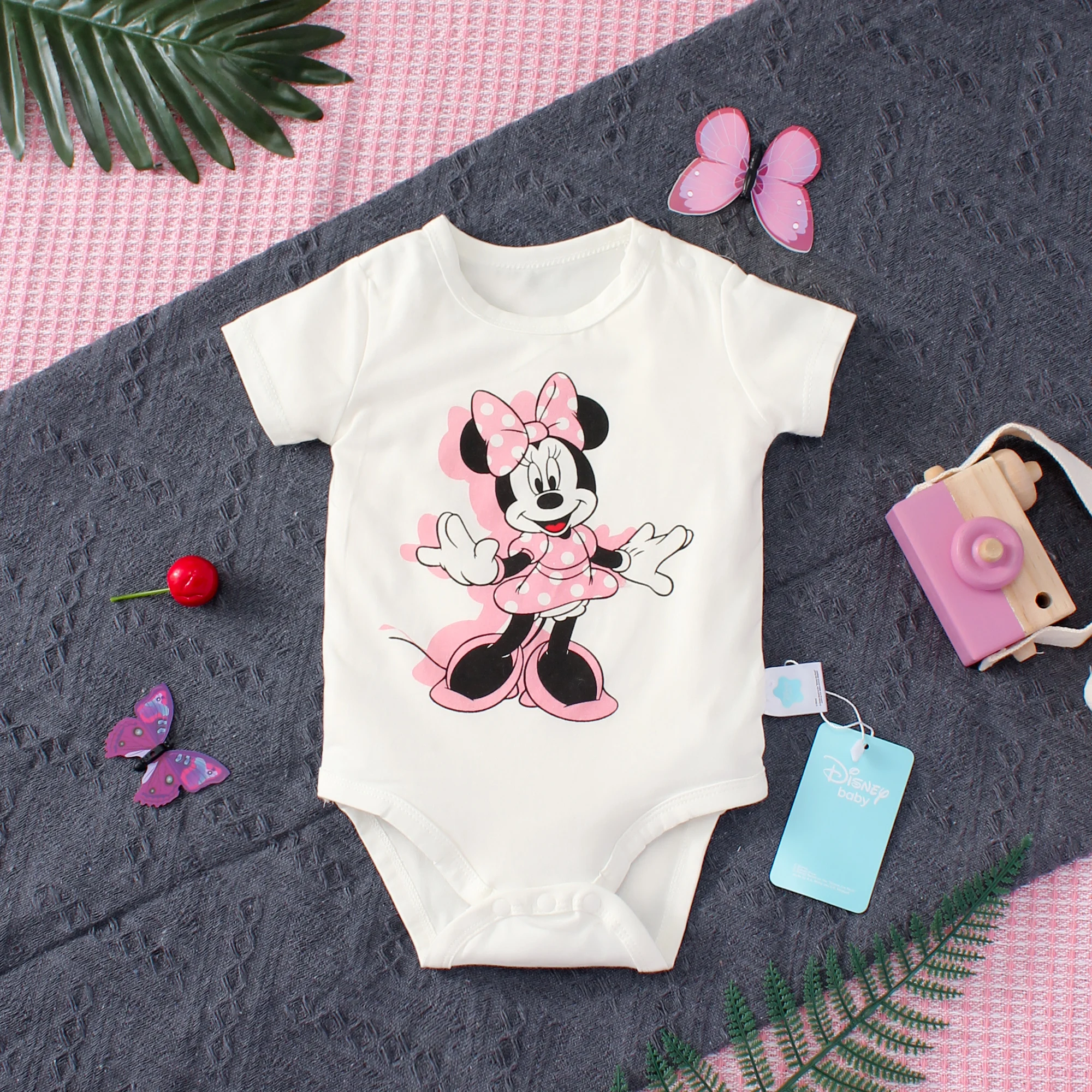 2PCS Summer Disney Girls Baby Minnie Pattern Soft Durable and Breathable Cotton Short Sleeve One Piece Pajamas Cute Kids\' Wear