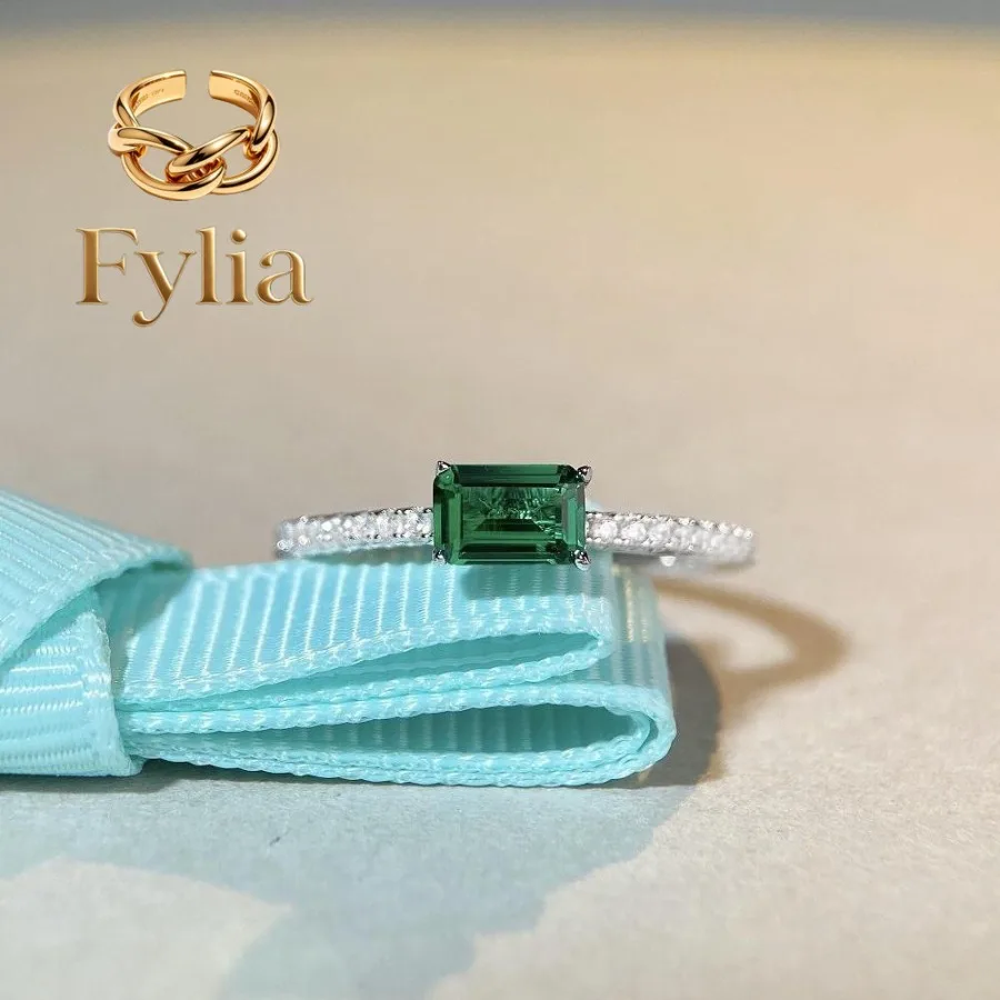 

Fylia Jewelry Luxury Solid Platinum PT950 18K gold Emerald Ring Women's Full Diamond Ins Style Small Square Sugar Women's Rin
