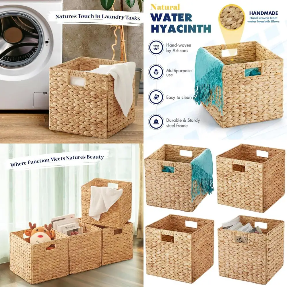

Набор из 4-х тканых корзин для хранения из гиацинта с ручками для организации и белья, стиль из ротанга для полок