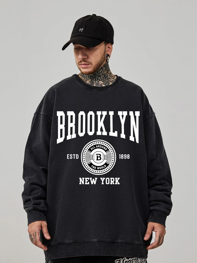 Cotton Woman Washed Sweatshirt Brooklyn New York Letter Prints Pullover Vintage Oversize Street Hoodie Female Acid Wash Clothes