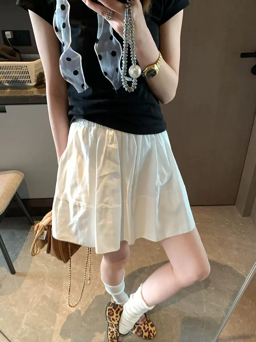 Elegant School Style White  Skirt High Waist Slimming A-Line Design Summer Fashionable Women's Polyester Fiber Skirt