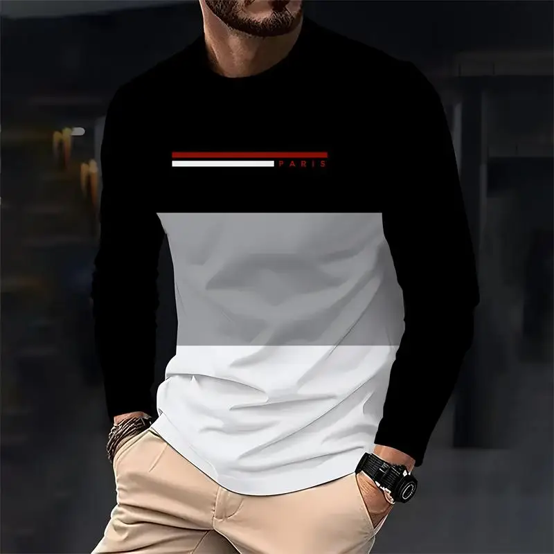 باريس اللون الرجال فضفاضة طويلة الأكمام تي شيرت مطبوع موضة crewneck تي شيرت غير رسمي مريح الرجال الربيع والخريف