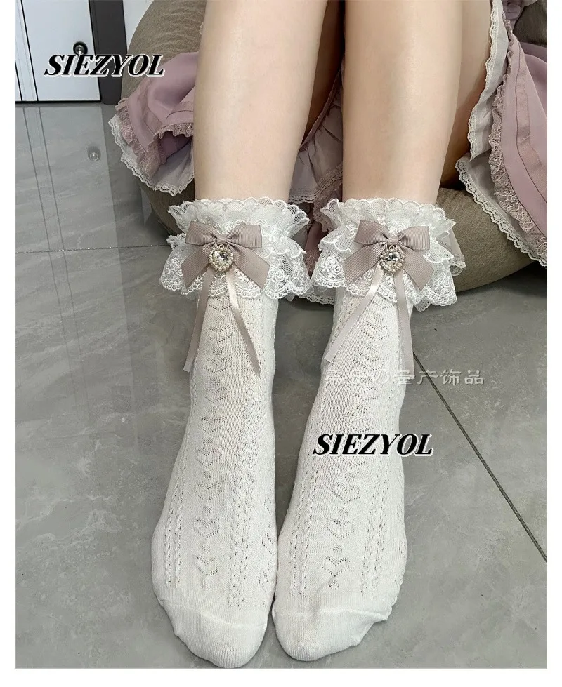 Summer New Japanese Double-layer Rose Lace Streamer Bow Short Cotton Socks Sweet Cute Girls Fashion Rhinestone Love Socks