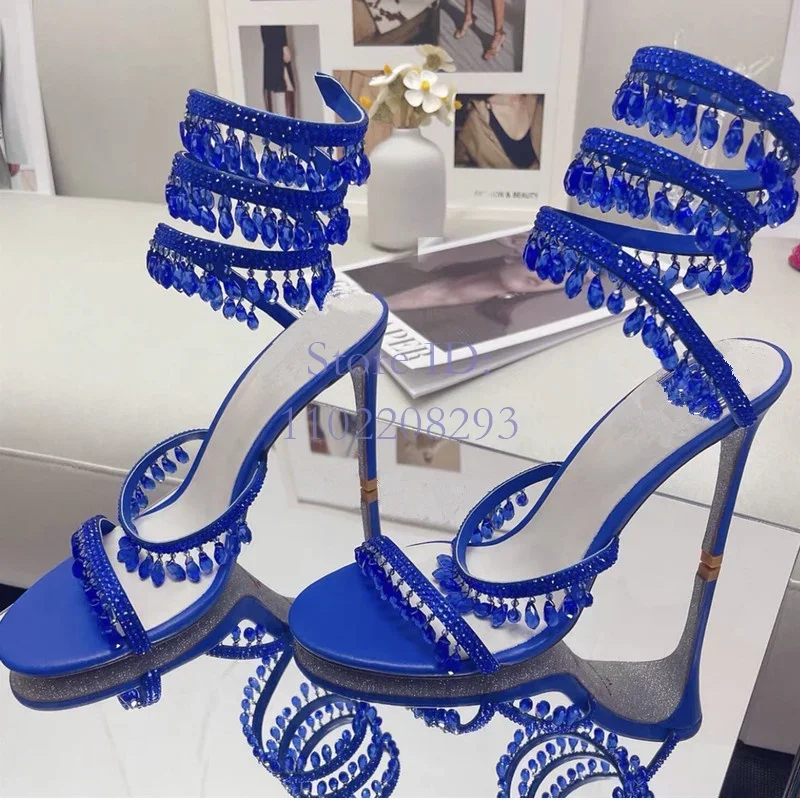 Snake Shaped Winding Tassel Sandals Open Toe Thin Heels Rhinestone High Heeled 2024 Summer New Arrival ﻿Fashion Women Shoes