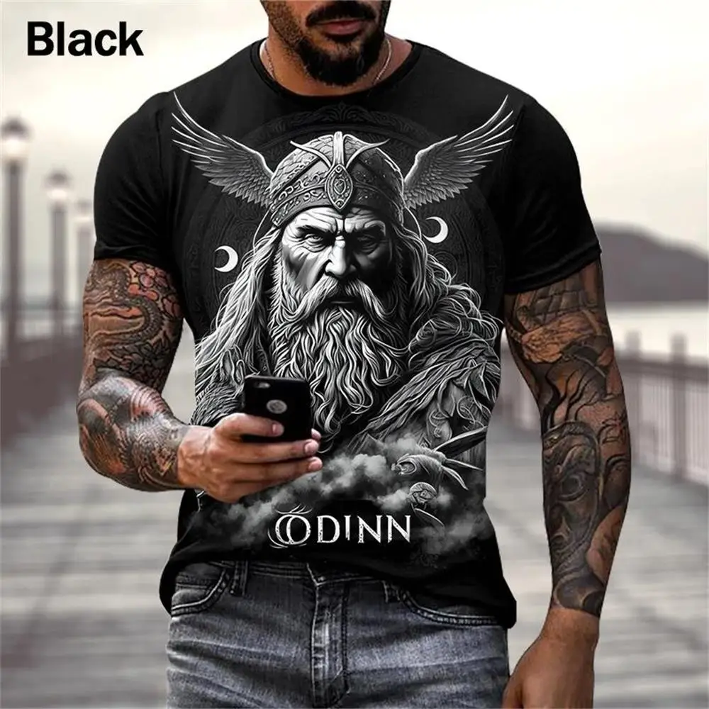 Men 3D Full Print Tee Viking Odin Winged Helmet Portrait Crew Neck Casual Summer Street Top