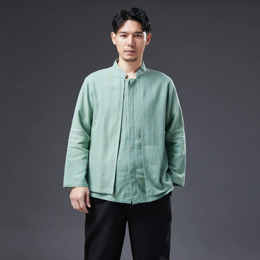 Spring New Thick Cotton Linen round-Neck Coat Suit Retro Men's Shirt Coat Loose Long Sleeve Cardigan
