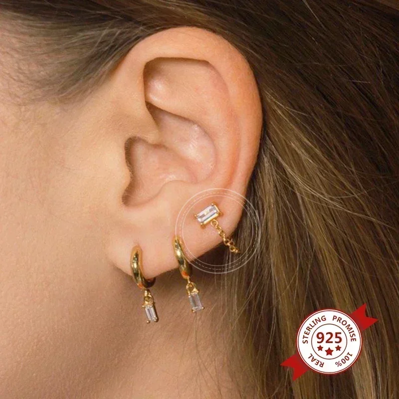 Women's 925 Sterling Silver Ear Needle Crystal Zircon Water Droplets Stud Hoop Gold Huggie Earrings Premium Luxury Party Jewelry