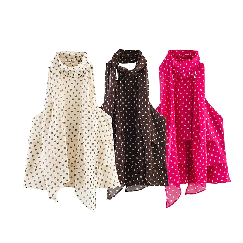 Women's Blouse Tops Summer 2026 New Fashion Polka-dot Slim Scarf Collar Chic Tank Tops Women's Street Youth Unique Holiday Tops