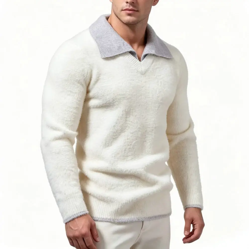 Fashion Mens Knit Pullover Polo Neck Fake Two Piece Long Sleeve Sweater Warm Casual Autumn Winter Streetwear Top