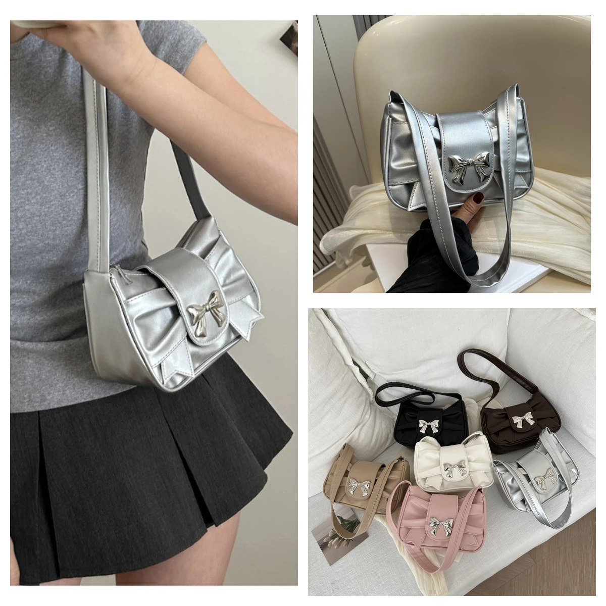 

Korean Pleated Bow Shoulder Bag Woman Versatile Armpit Bag Balck White Silver Pink Handbags for Women Underarm Bag Phone Bags