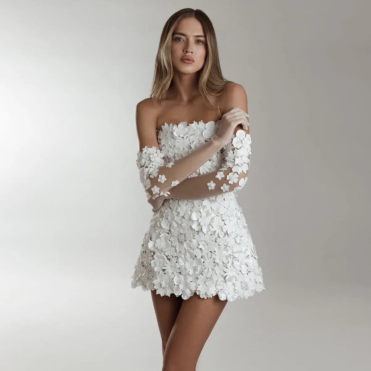 Customized Applique Lace Short A-line Wedding Dresses For Girls Wedding Gowns Short Bridal Dresses Full 3D Flowers
