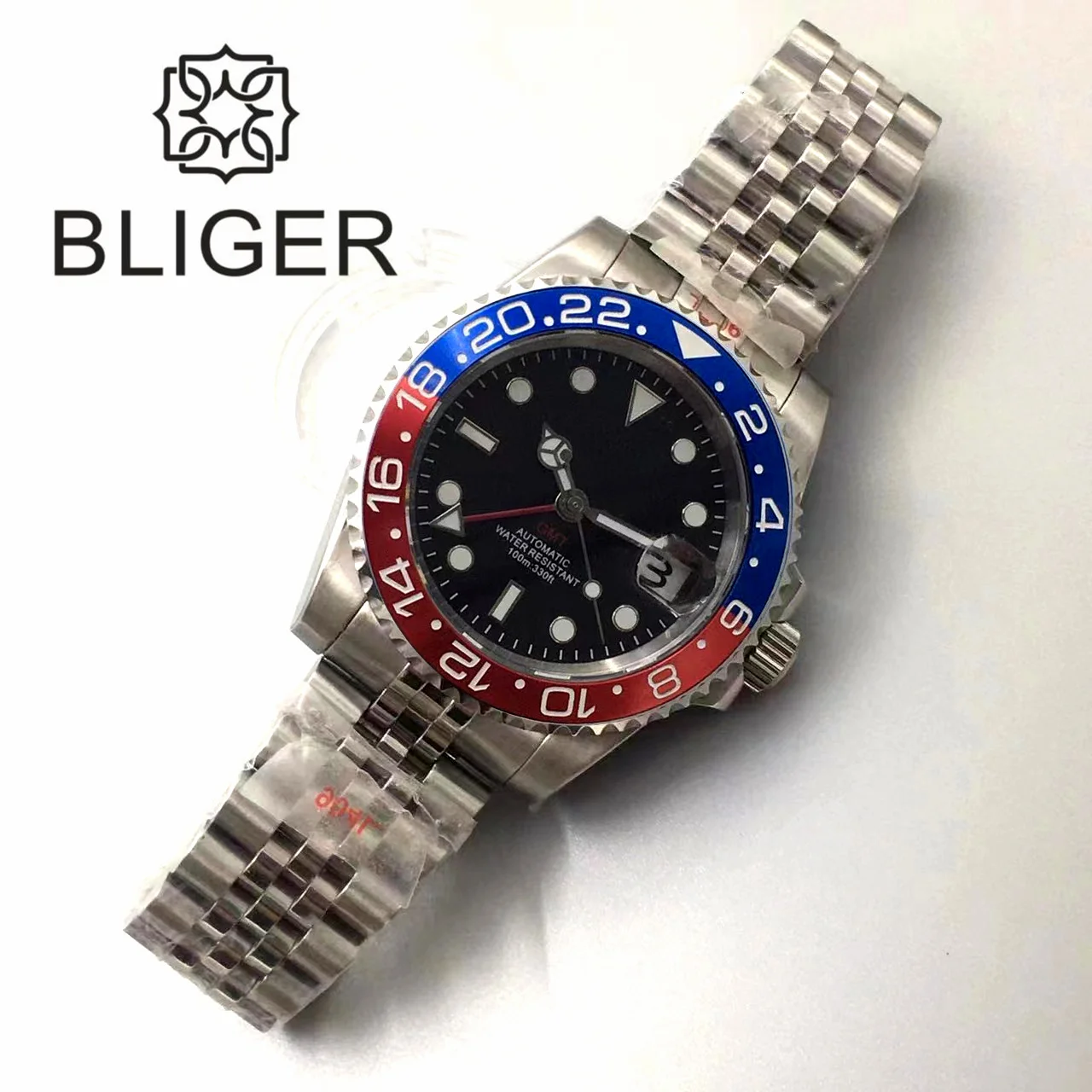 BLIGER 40mm zegarek nurkowy dla mężczyzn NH34 GMT automatyczna czarna tarcza czerwona litera Pepsi kolorowa ramka 120 kliknięcie ceramiczna