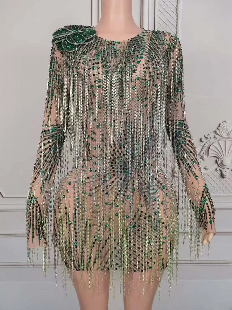 جودة عالية حجر الراين شرابة مثير عارية الظهر فستان بأكمام طويلة 2025 موضة جديدة مخصصة الملابس النسائية #1