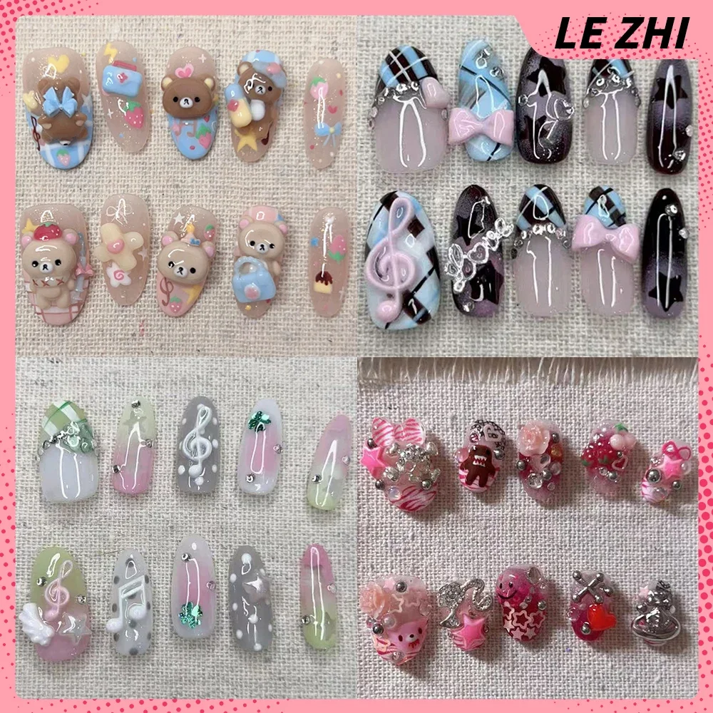 

Y2K Kawaii Rilakkuma Handmade Musical Notes Bow Press On Nails Polka Point Strawberry Four-Leaf Clover Cream Biscuit Fake Nails