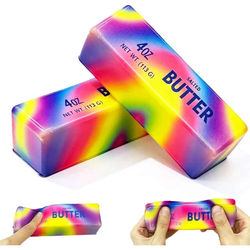 Regenbogen-Butter-Squishy-Fidget-Spielzeug: Realistischer Butter-Stick, weich, langsam aufsteigend, Stressabbau-Quetschspielzeug für Angstzustände, sensorisches Schreibtischspielzeug